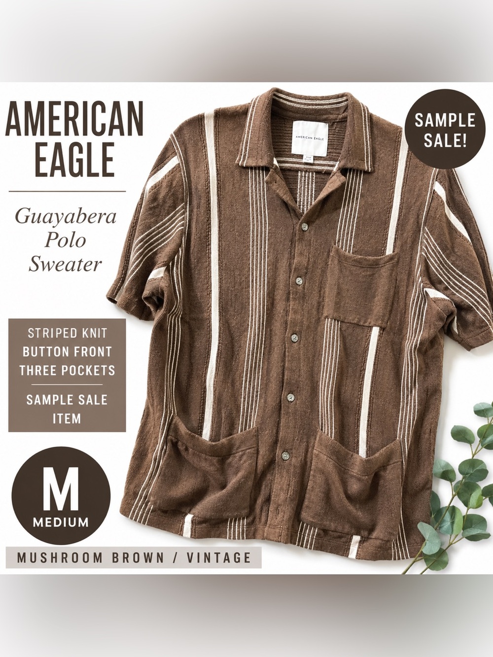 American Eagle Guayabera Polo Sweater Brown Striped Button Front Pockets M Sampl